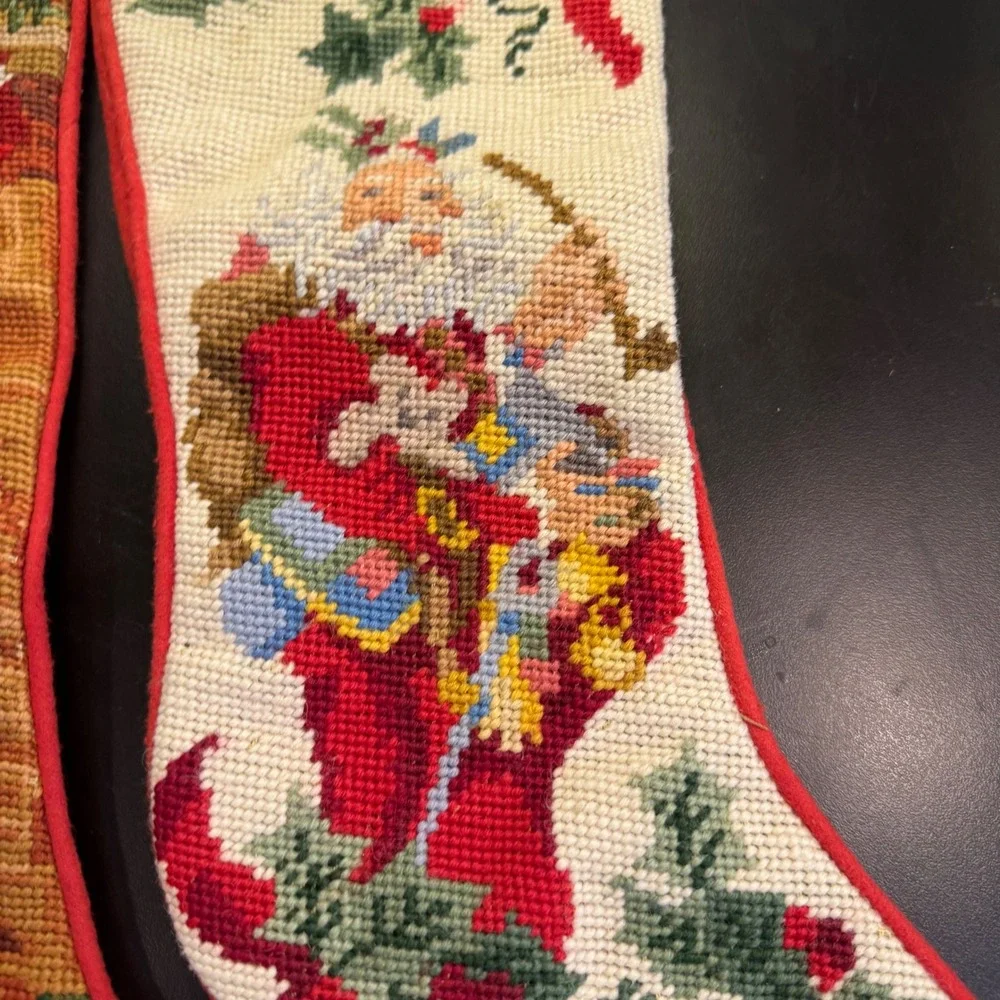Vintage Christmas Stocking Set Multicolor Needlepoint Santa Fireplace 2pc